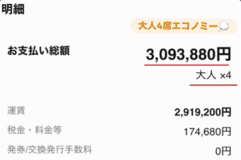 航空券の料金明細｜大人4人の支払総額3,093,880円