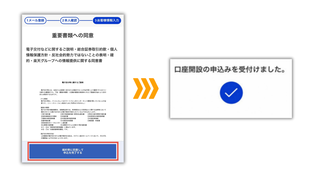 重要書類に同意して楽天証券の口座開設申込みを完了する画面